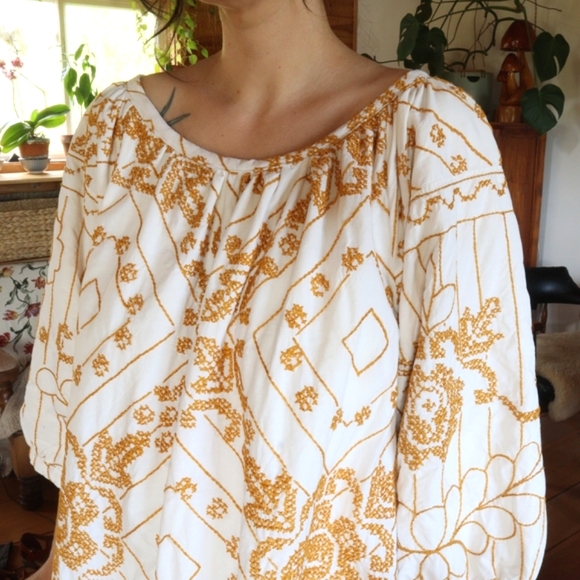 Upcycled Cross Stitched Hand Embroidered White and Gold Dress L XL - Picture 5 of 13